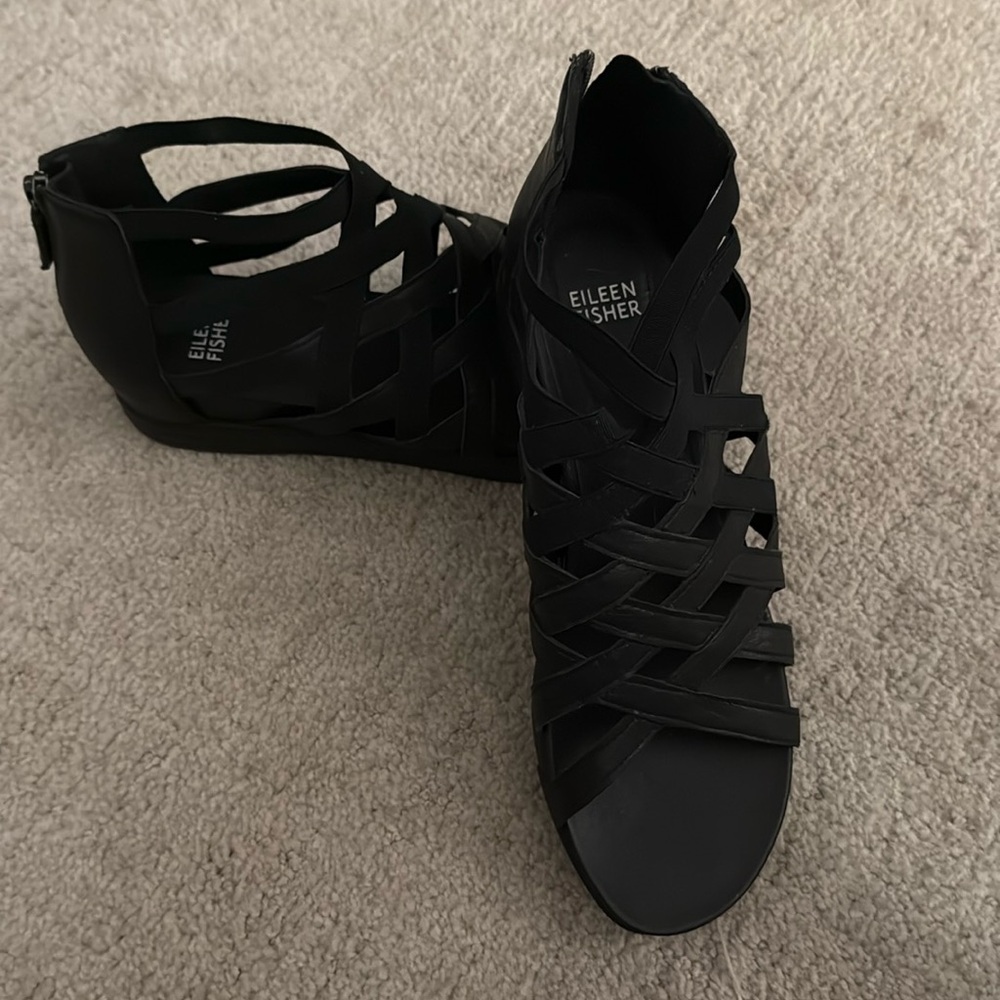 Eileen Fisher Airy Black Leather & Stretch Caged Open Toe Sandals Mini Wedge 8